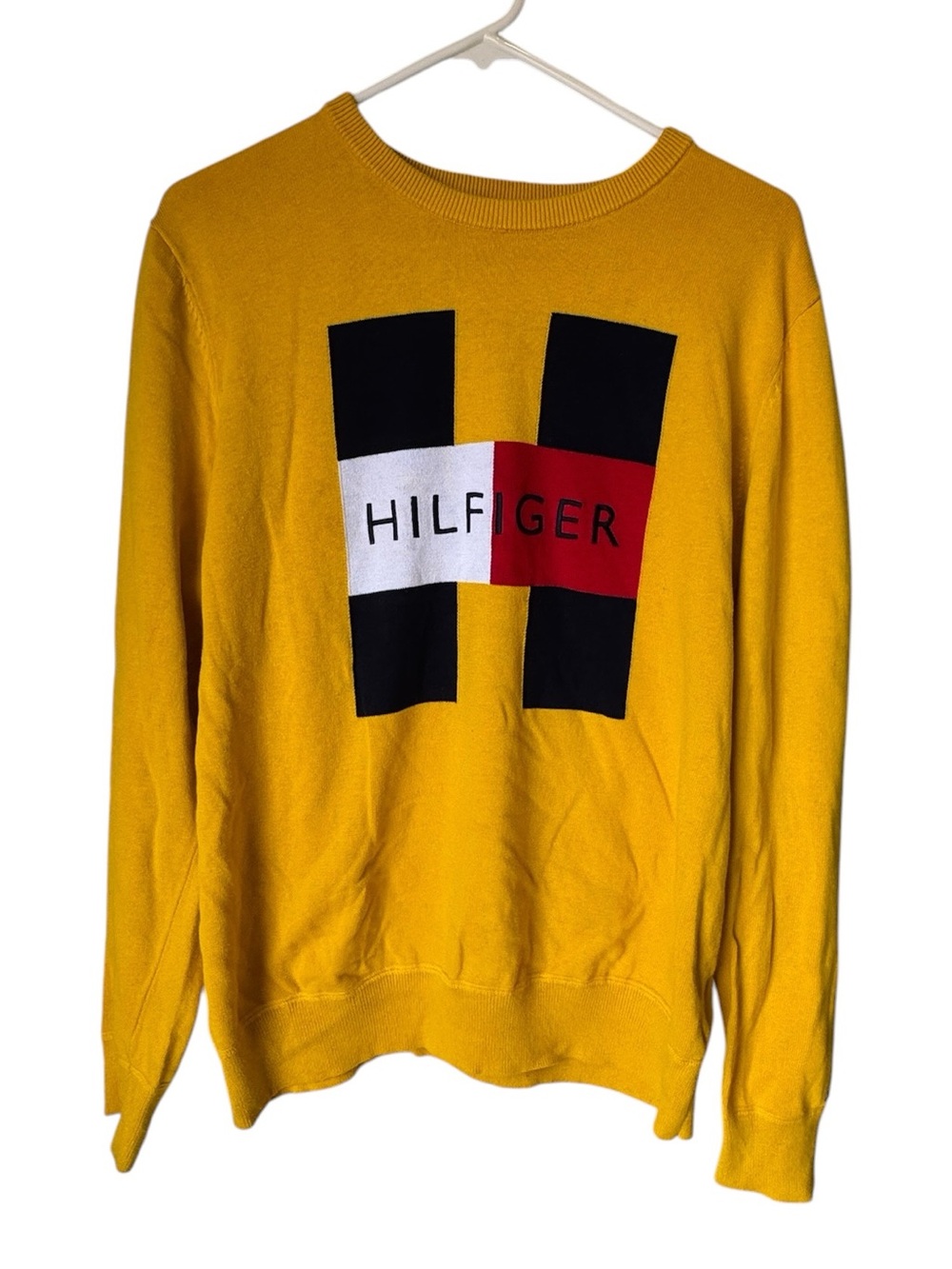 Retro Tommy Hilfiger Men's Yellow Logo Crewneck Sweater Men’s L MINTY